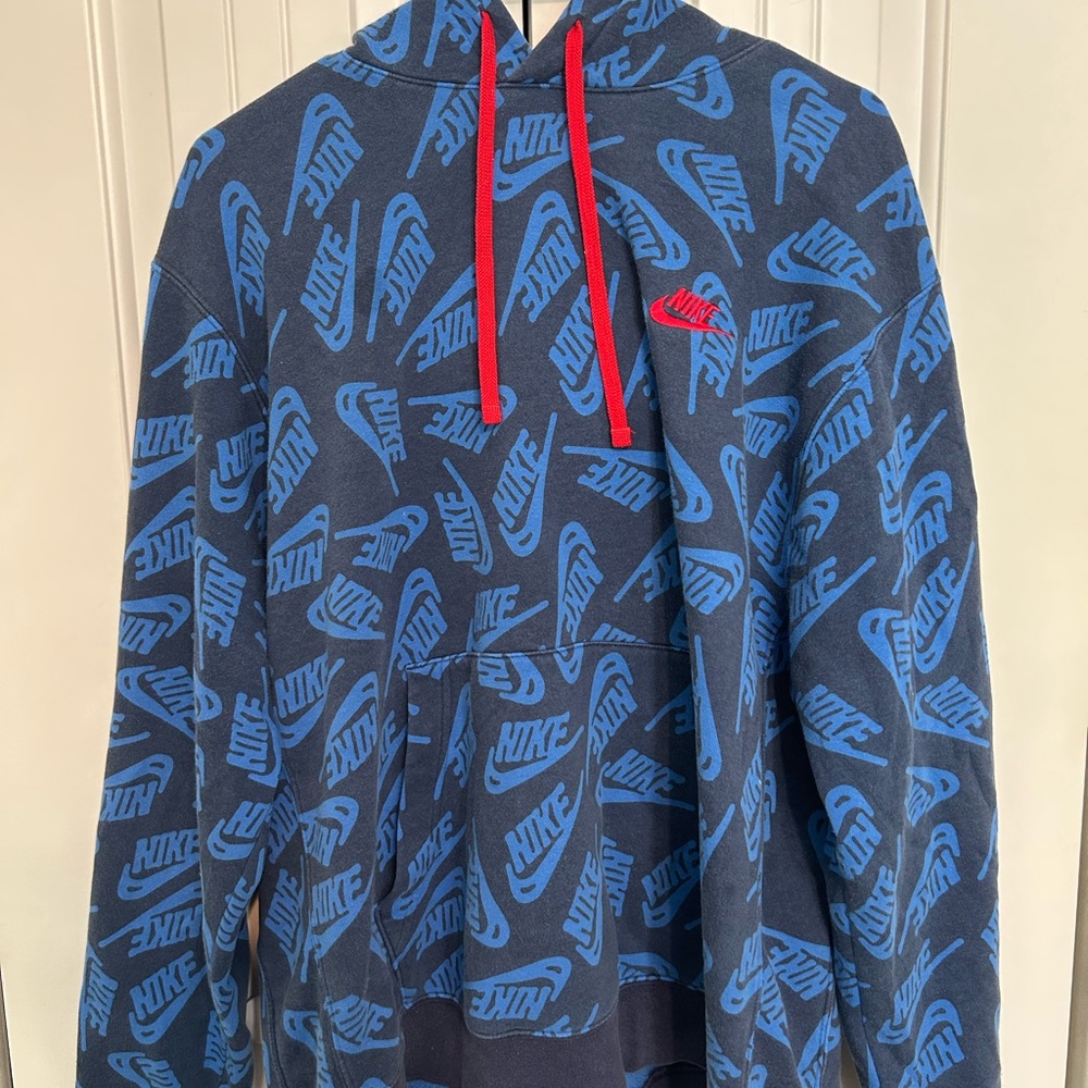 Nike Navy and Sky Blue Hoodie with Red Drawstrings